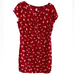 Old Navy Red White Bird Dress Size Large Short Sleeve Ruched Waist Above Knee